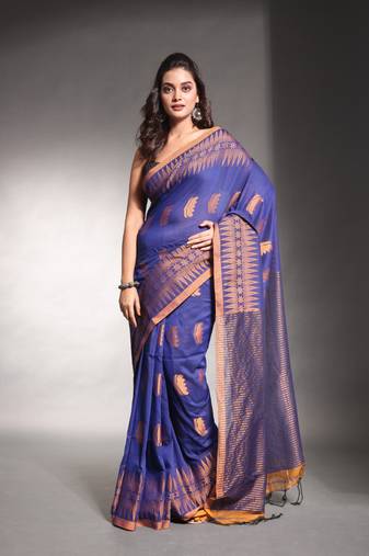 Blue pure cotton saree with temple border