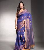 Blue pure cotton saree with temple border