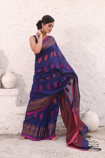 Blue pure cotton saree with temple border