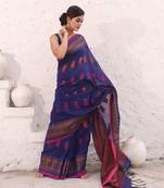 Blue pure cotton saree with temple border