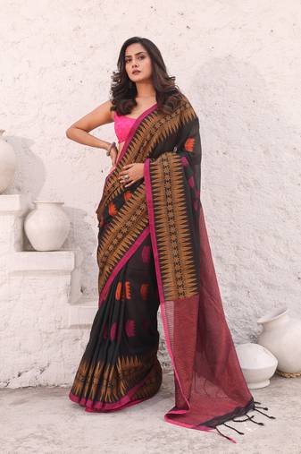 Black pure cotton saree with temple border