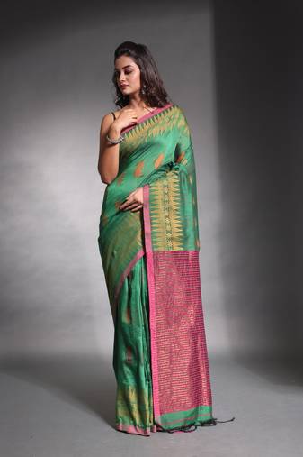 Green pure cotton saree with temple border