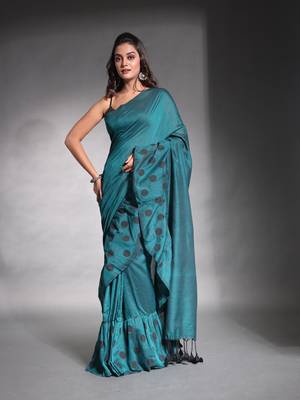 Teal pure cotton ruffle saree 1