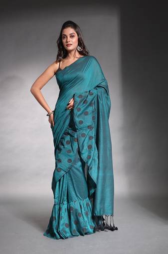 Teal pure cotton ruffle saree