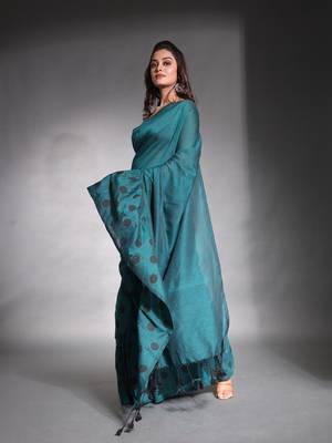 Teal pure cotton ruffle saree 2