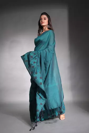 Teal pure cotton ruffle saree