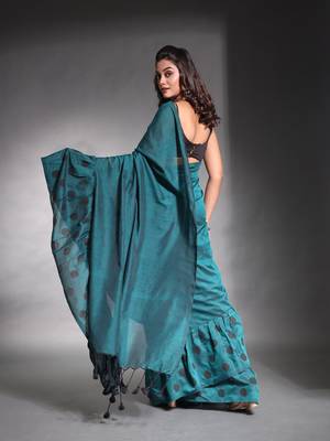 Teal pure cotton ruffle saree 3