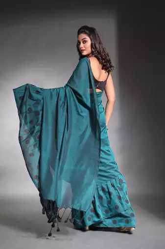 Teal pure cotton ruffle saree