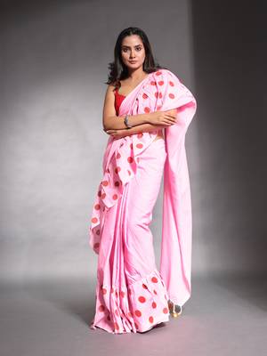Baby pink pure cotton ruffle saree 1
