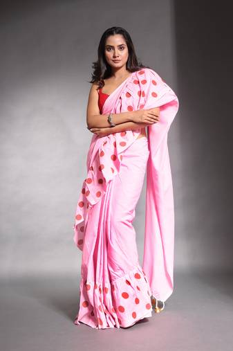 Baby pink pure cotton ruffle saree