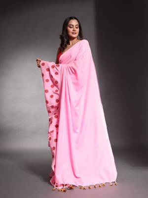 Baby pink pure cotton ruffle saree 2
