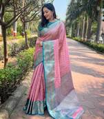 Pink  Faux kanchipuram pattu silk traditional contrast zari woven saree