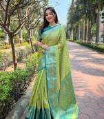 Green  Faux kanchipuram pattu silk traditional contrast zari woven saree