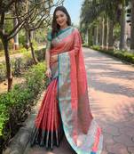 Peach  Faux kanchipuram pattu silk traditional contrast zari woven saree