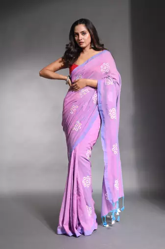 Violet pure cotton soft saree with floral embroidery work