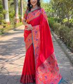 Red Muniya Paithani Silk Zari Woven Saree