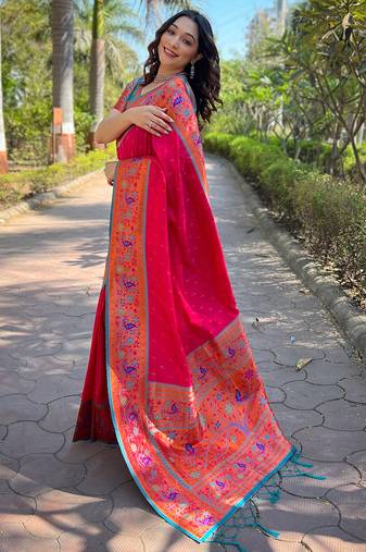 Pink Muniya Paithani Silk Zari Woven Saree