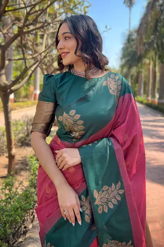 Maroon Soft Silk Floral Border Contrast Zari Woven Saree
