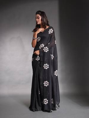 Black pure cotton soft saree with floral embroidery work 1