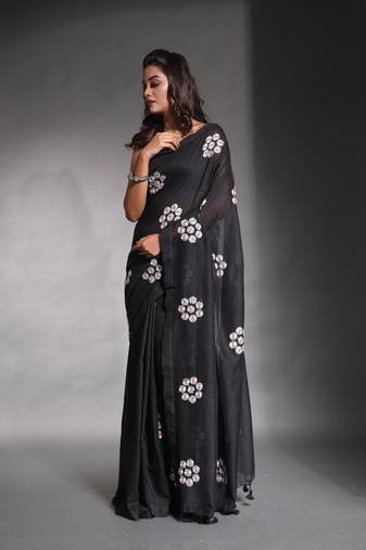 Black pure cotton soft saree with floral embroidery work