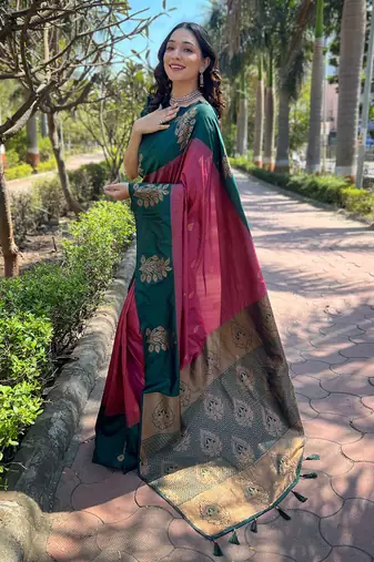 Maroon Soft Silk Floral Border Contrast Zari Woven Saree