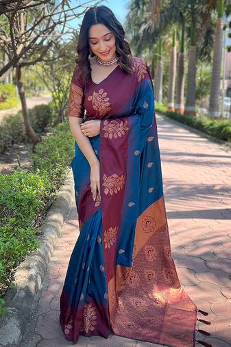 Blue Soft Silk Floral Border Contrast Zari Woven Saree