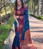 Blue Soft Silk Floral Border Contrast Zari Woven Saree