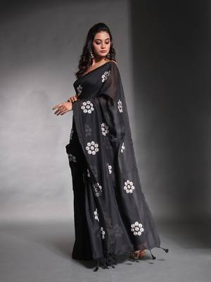 Black pure cotton soft saree with floral embroidery work 2
