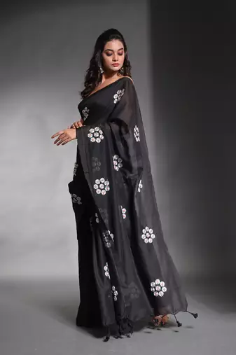 Black pure cotton soft saree with floral embroidery work