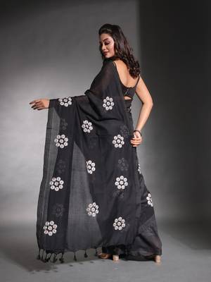 Black pure cotton soft saree with floral embroidery work 3