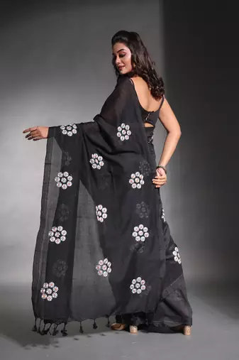 Black pure cotton soft saree with floral embroidery work