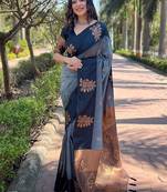 Grey Soft Silk Floral Border Contrast Zari Woven Saree