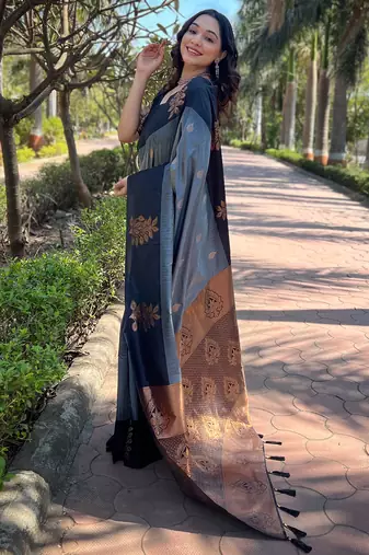 Grey Soft Silk Floral Border Contrast Zari Woven Saree