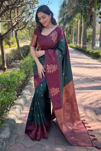 Bottle Green Soft Silk Floral Border Contrast Zari Woven Saree