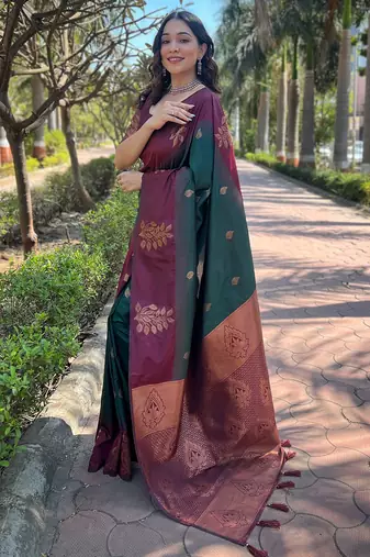 Bottle Green Soft Silk Floral Border Contrast Zari Woven Saree