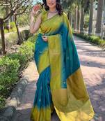 Sea Blue Soft Silk Floral Border Contrast Zari Woven Saree