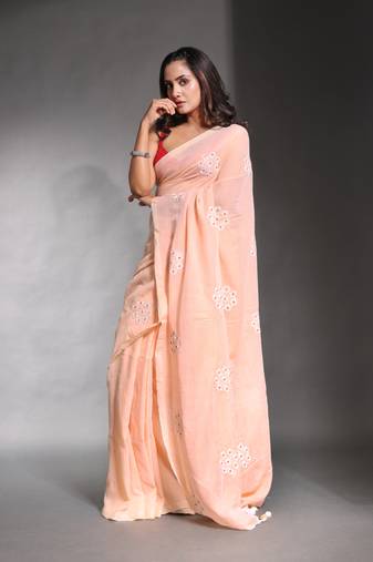 Peach pure cotton soft saree with floral embroidery work