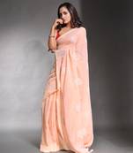 Peach pure cotton soft saree with floral embroidery work