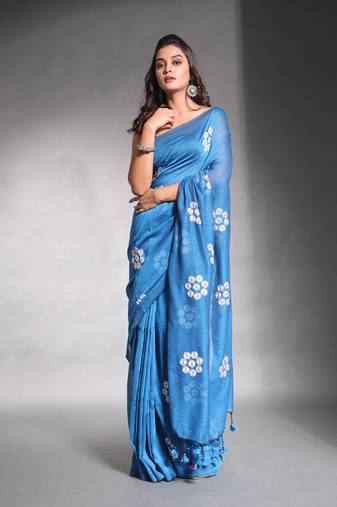 Teal blue pure cotton soft saree with floral embroidery work
