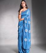 Teal blue pure cotton soft saree with floral embroidery work