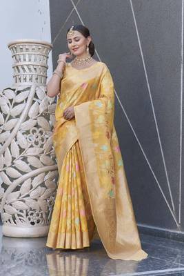 Yellow Organza Jaal Meenakari Zari Woven Saree 1