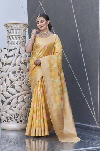 Yellow Organza Jaal Meenakari Zari Woven Saree