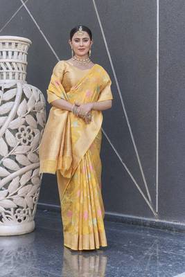Yellow Organza Jaal Meenakari Zari Woven Saree 3