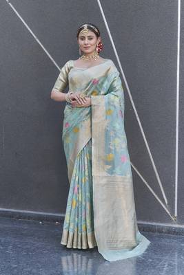 Sky Blue Organza Jaal Meenakari Zari Woven Saree 1