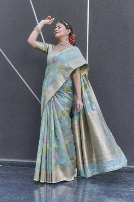 Sky Blue Organza Jaal Meenakari Zari Woven Saree 3