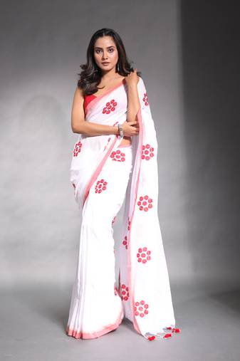White pure cotton soft saree with floral embroidery work