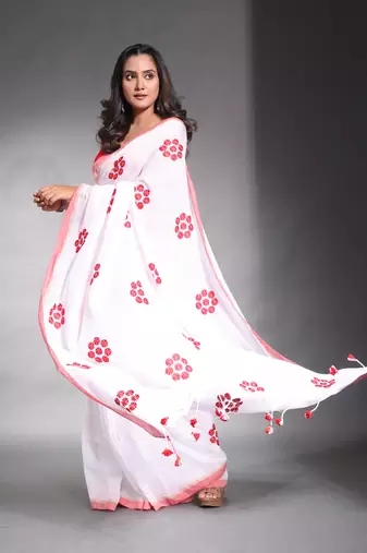 White pure cotton soft saree with floral embroidery work