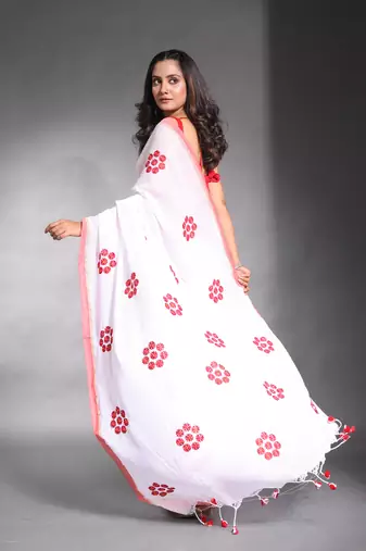 White pure cotton soft saree with floral embroidery work