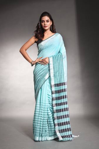 Sea green pure cotton soft saree with stripes pattern