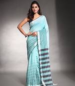Sea green pure cotton soft saree with stripes pattern